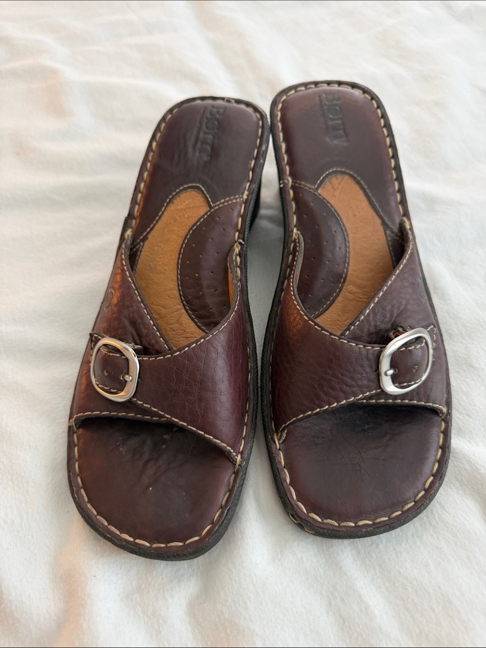 Born Brown Leather Buckle Slide Sandals